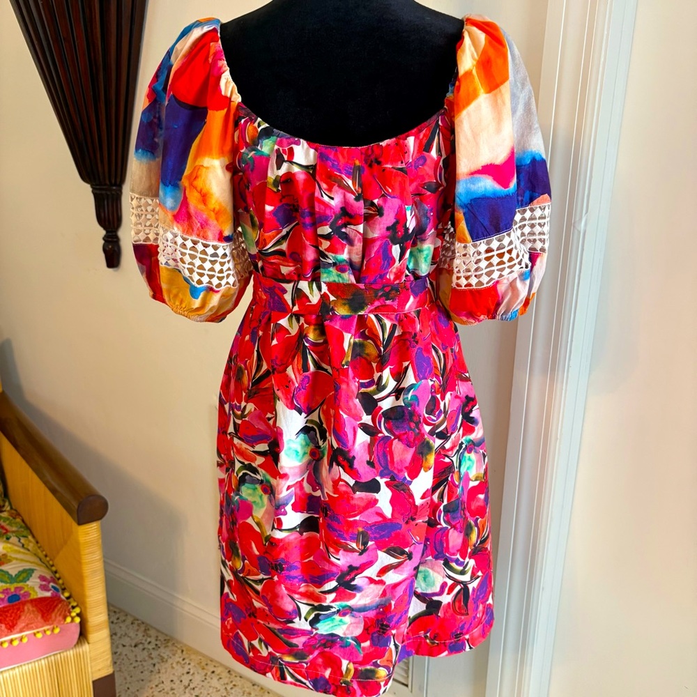 FRENCH CONNECTION Isadora Watercolor Colorful Cotton Print Puff Sleeve Dress. Md